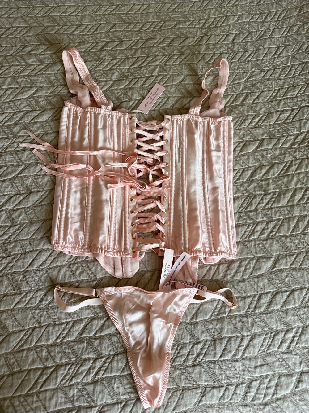 Victoria's Secret Satin Lace-Up Corset & Thong in Light Pink